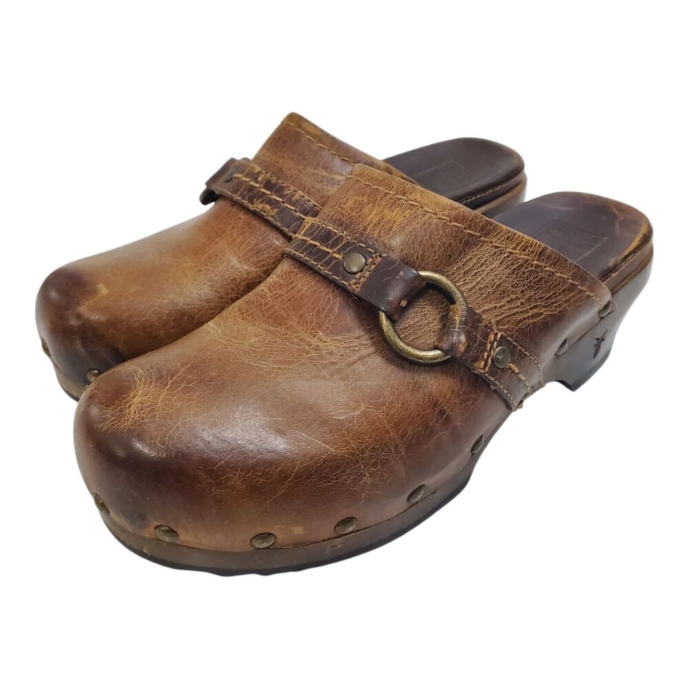 FRYE Shoes CLARA O RING Womens Size 6.5M Brown Leather Clogs Slip On Boho 70626